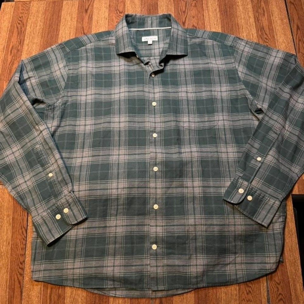 Peter Millar Green Grey Plaid Button Polo Sleeve Dress Shirt XL